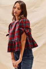 SO ME Christmas Holiday Plaid Ribbon Short Sleeves Top 