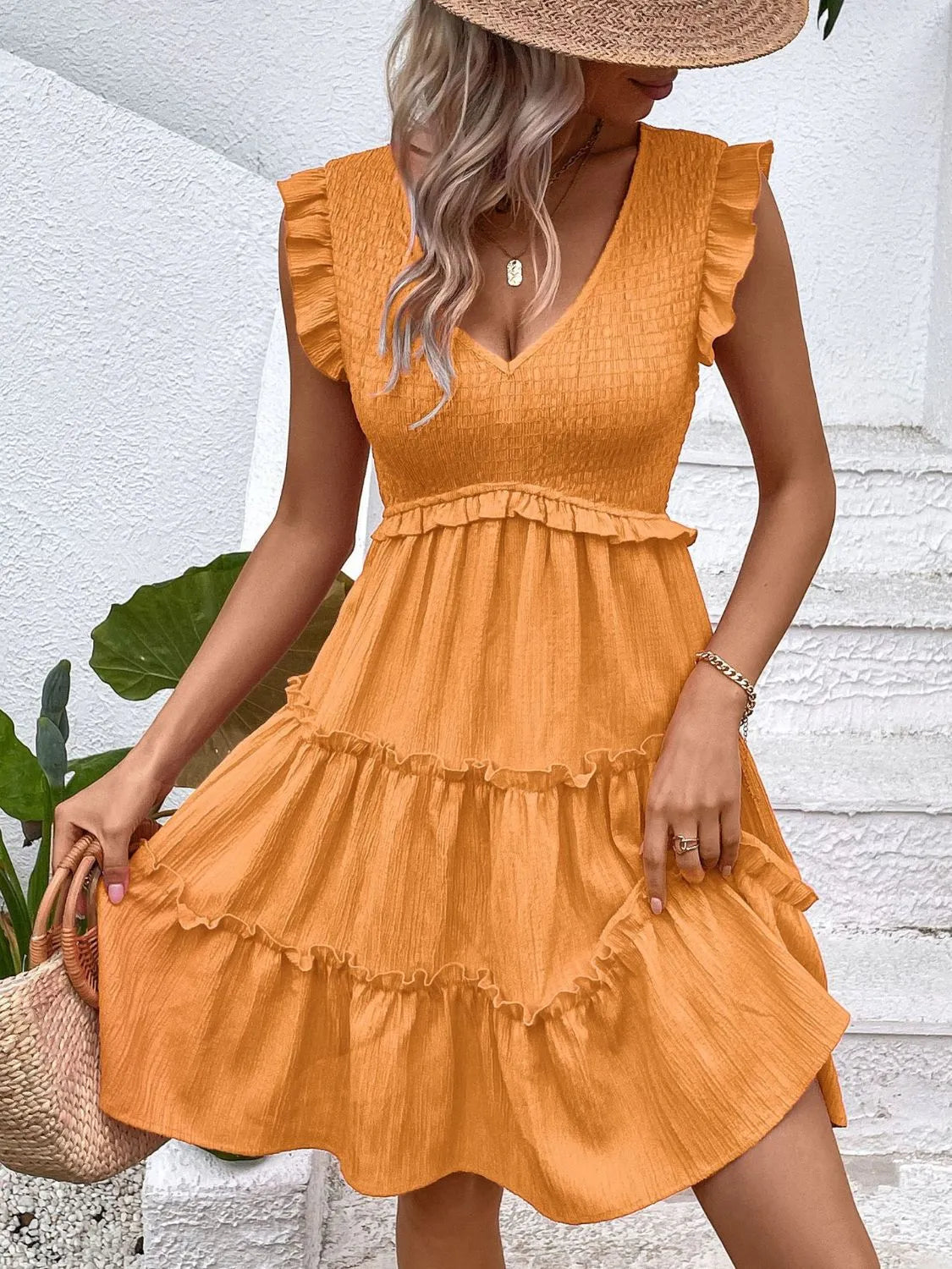 Ruffled V-Neck Cap Sleeve Dress 