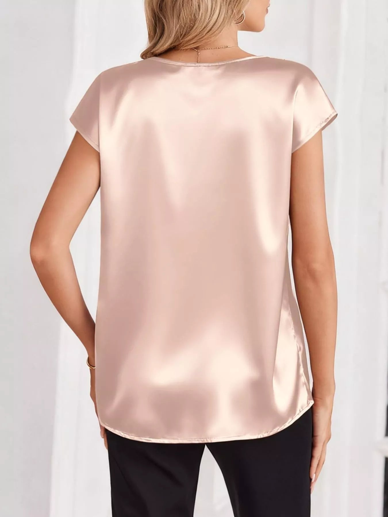 Satin V-Neck Cap Sleeve Blouse 