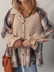 Boho Floral Plaid Patchwork Distressed Detail Ruffled Sleeve Waffle Knit Shacket 