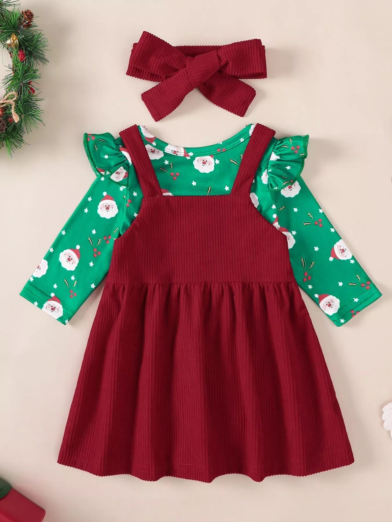Children's Christmas Bodysuit and Overall Dress Set with Headband 