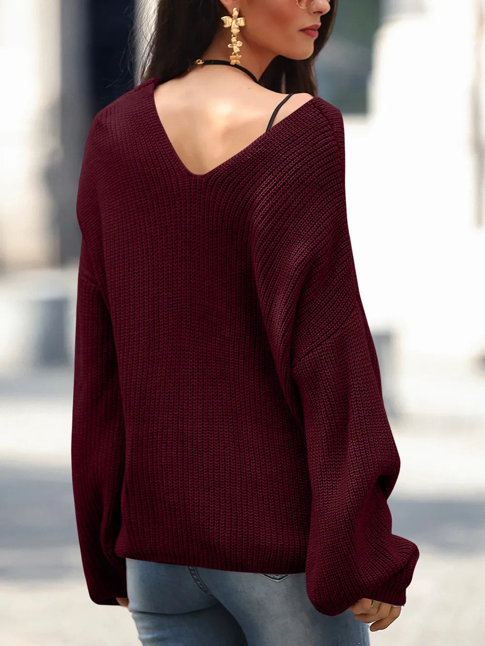 Full Size Lace Up V-Neck Long Sleeve Sweater 