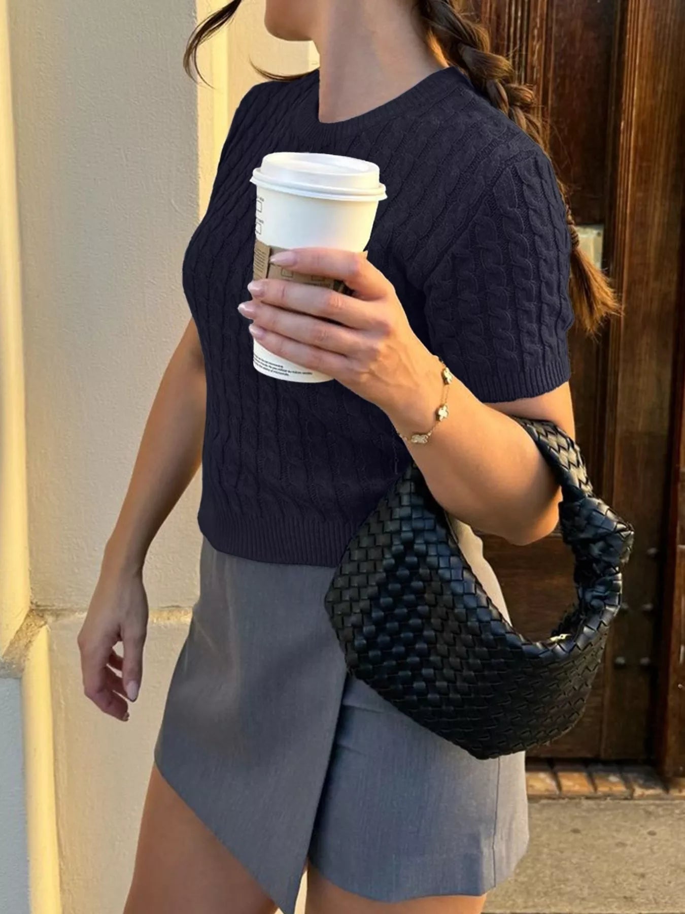 Cable-Knit Short Sleeve Sweater 