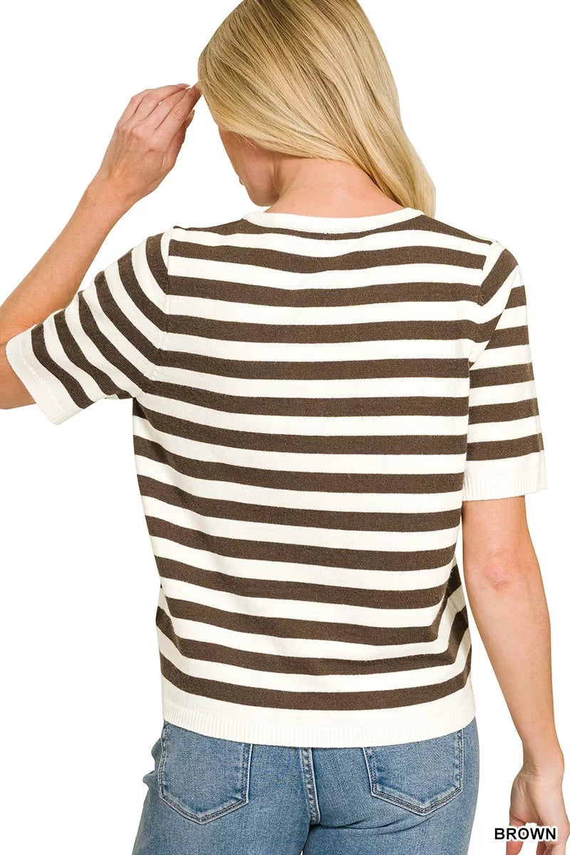 Zenana Split Neck Stripe Short Sleeve Sweater 