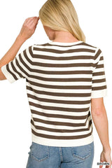 Zenana Split Neck Stripe Short Sleeve Sweater 