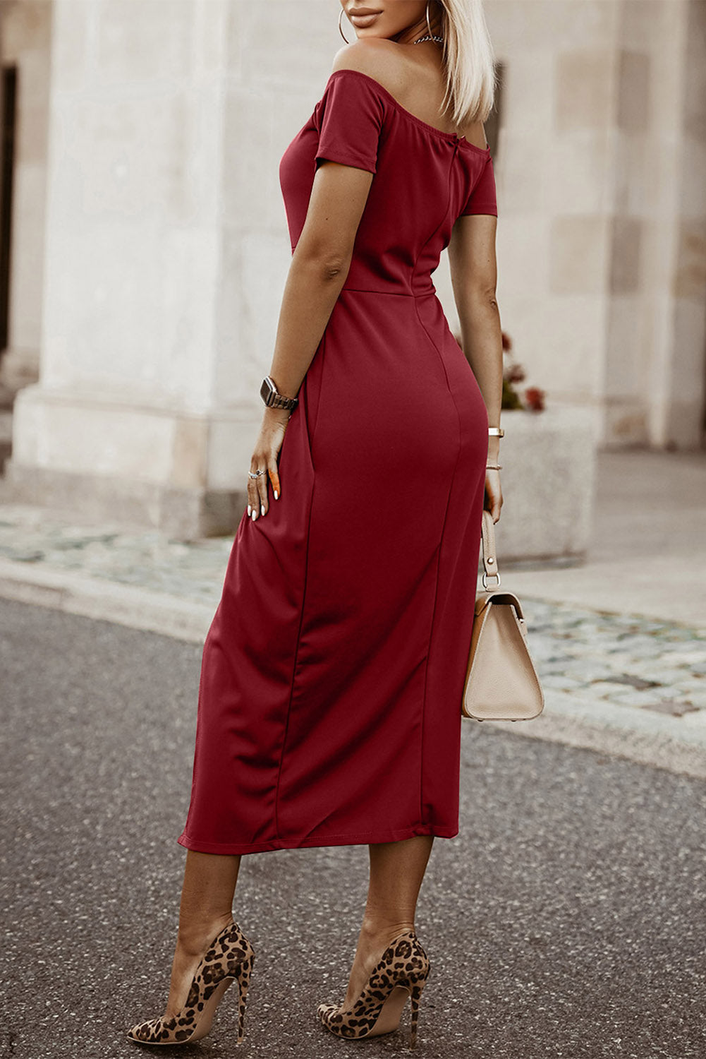 Off-Shoulder Short Sleeve Split Dress 
