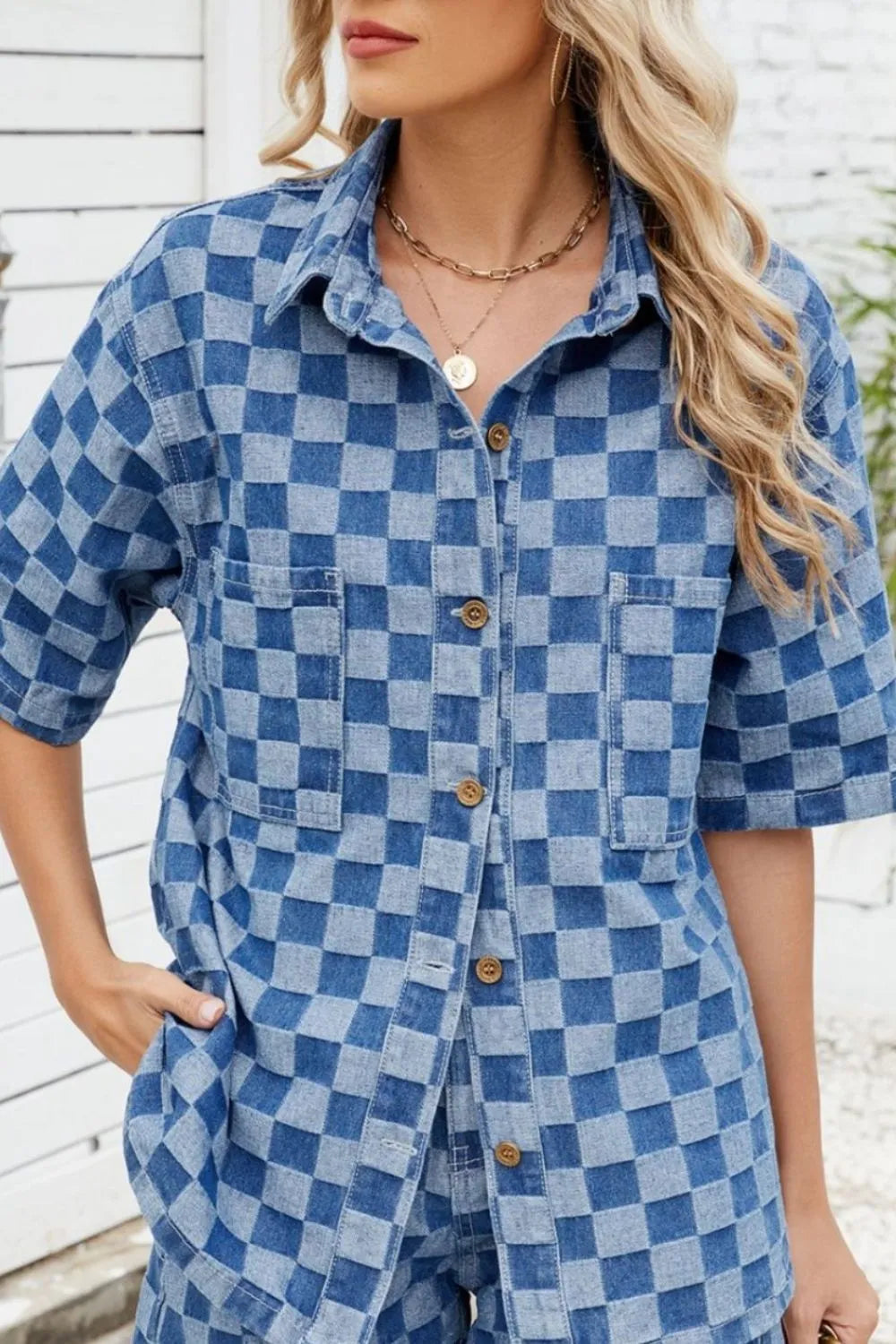 Button Down Checkered Denim Shirt 