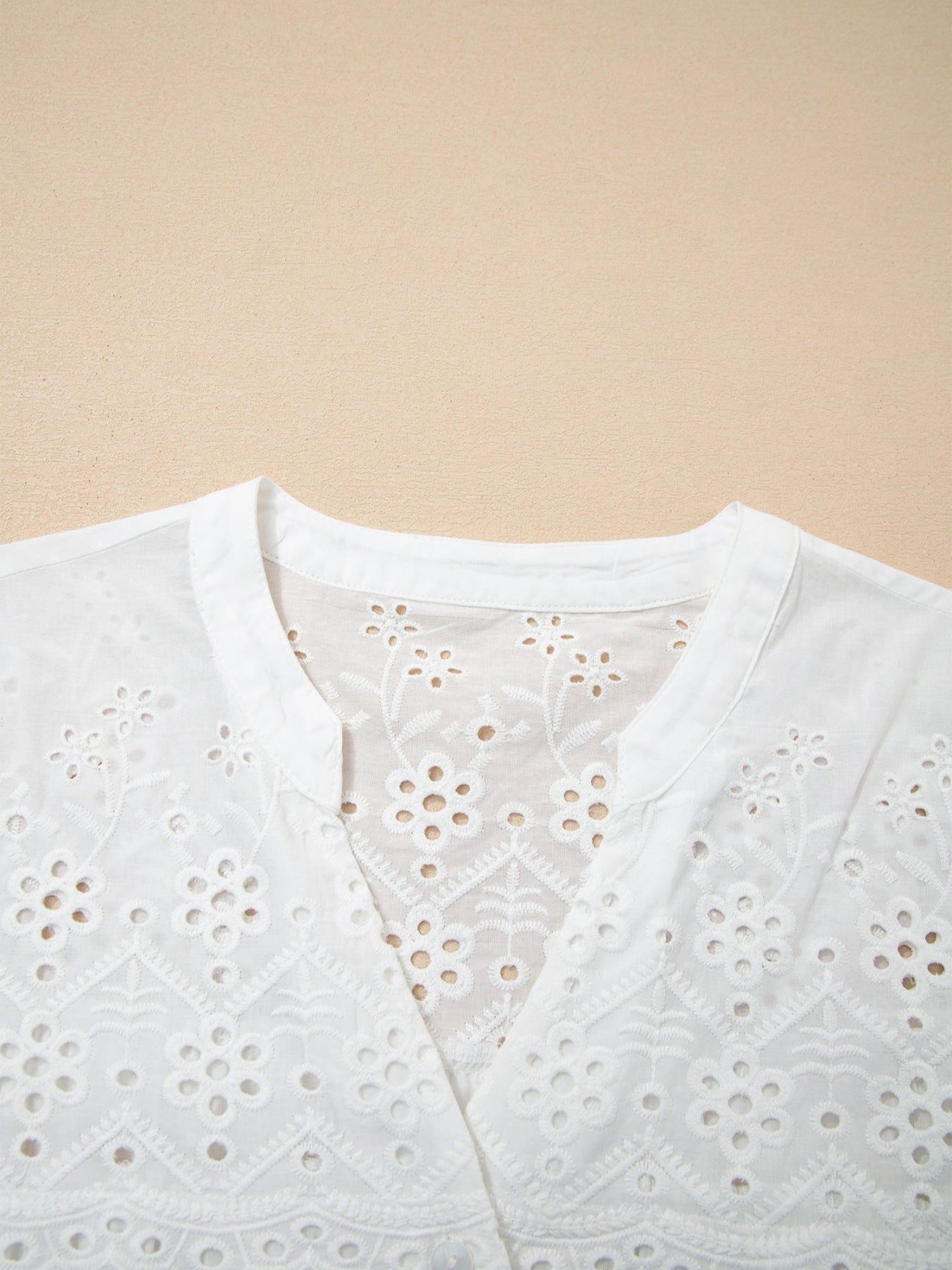 Flower Eyelet Embroidered Patchwork Sheer Short Sleeve Shirt 