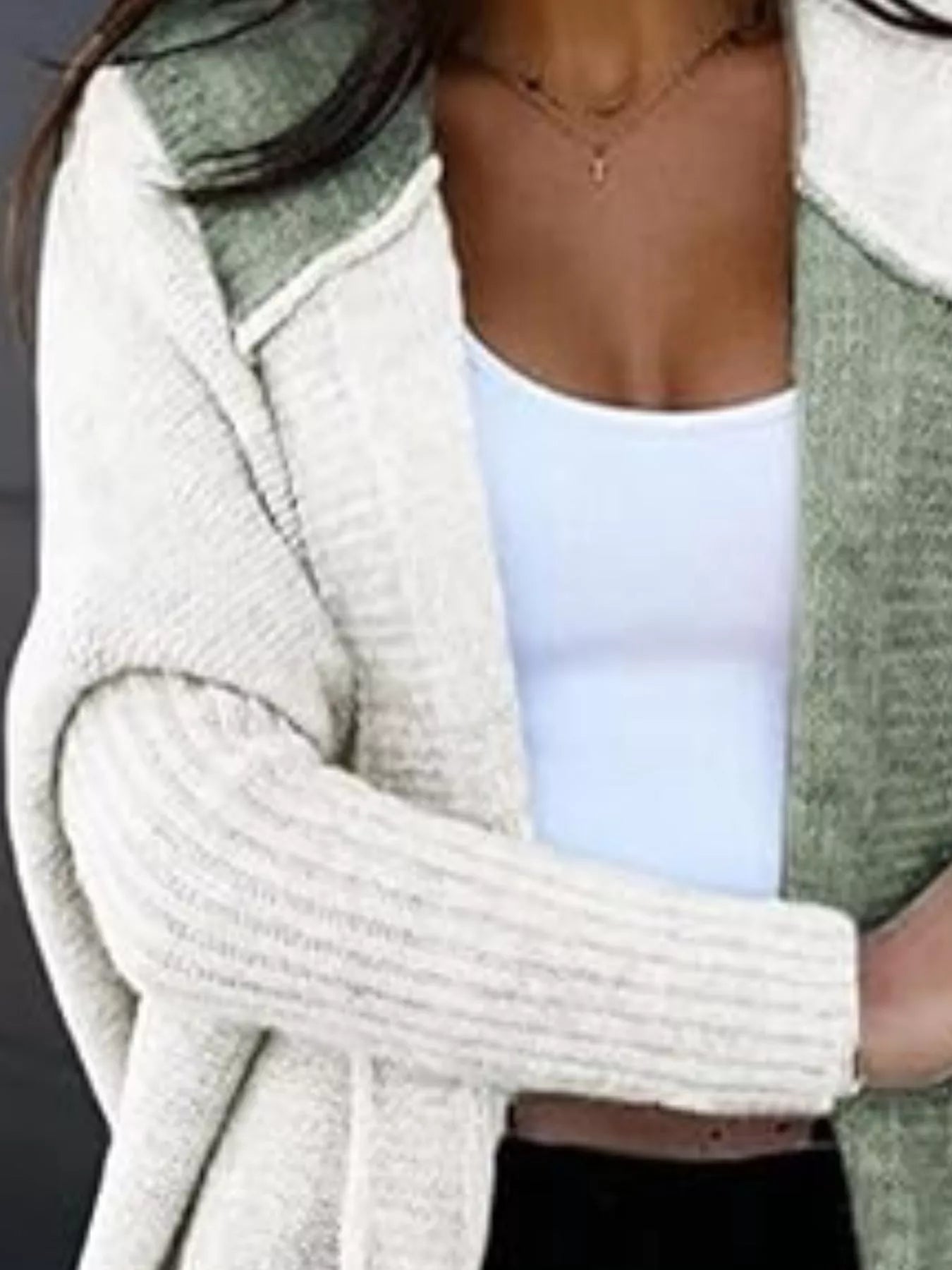 Two-Tone Open Front Knit Hooded Cardigan 