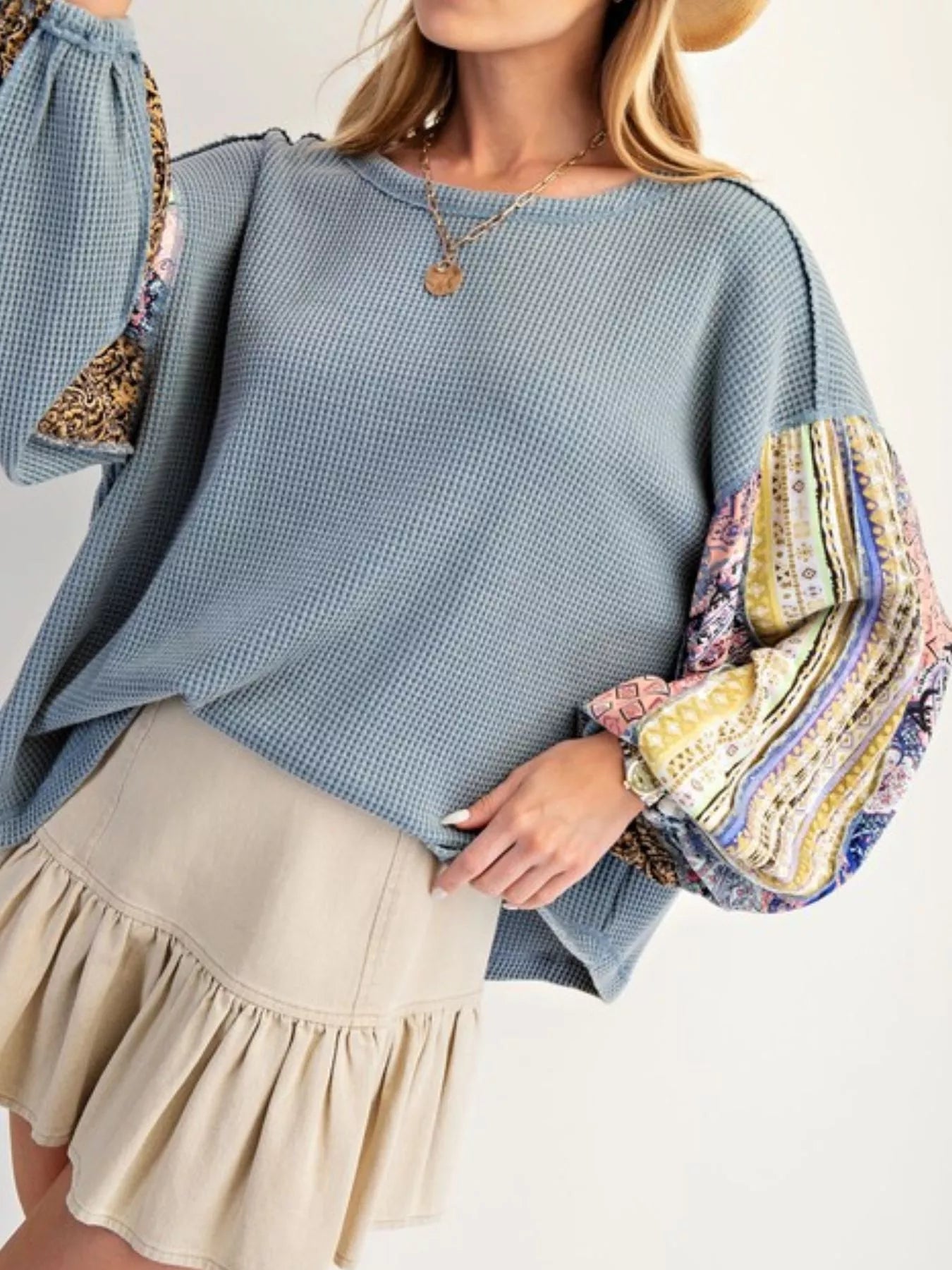 Waffle Knit Round Neck Dropped Shoulder Sweatshirt 
