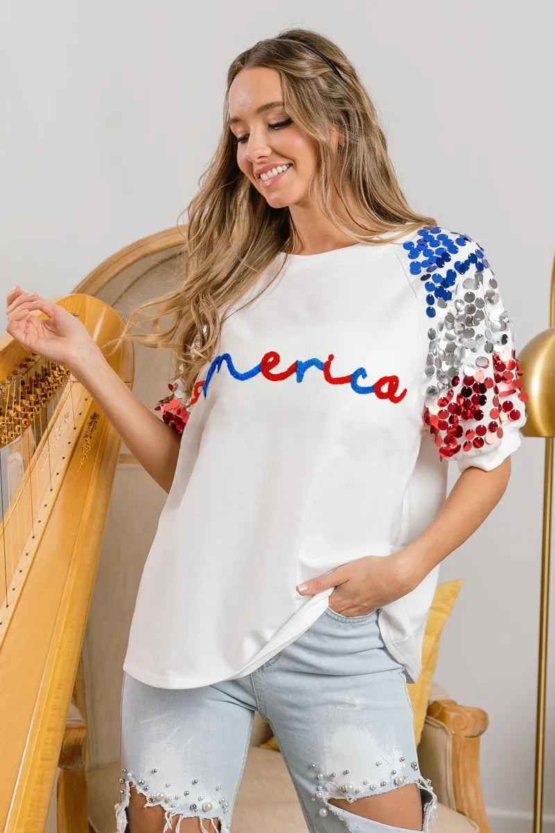 BiBi America Letter Applique Spangle Puff Sleeves Top 