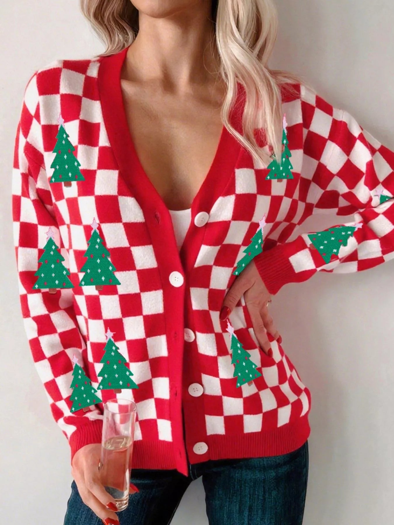 Christmas Tree Pattern Checkered Button V Neck Cardigan 