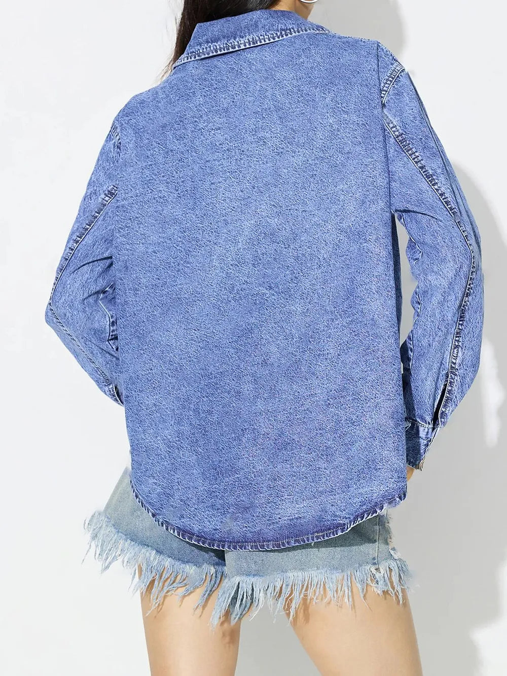 Curved Hem Collared Neck Denim Top 