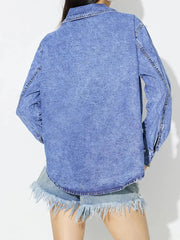 Curved Hem Collared Neck Denim Top 