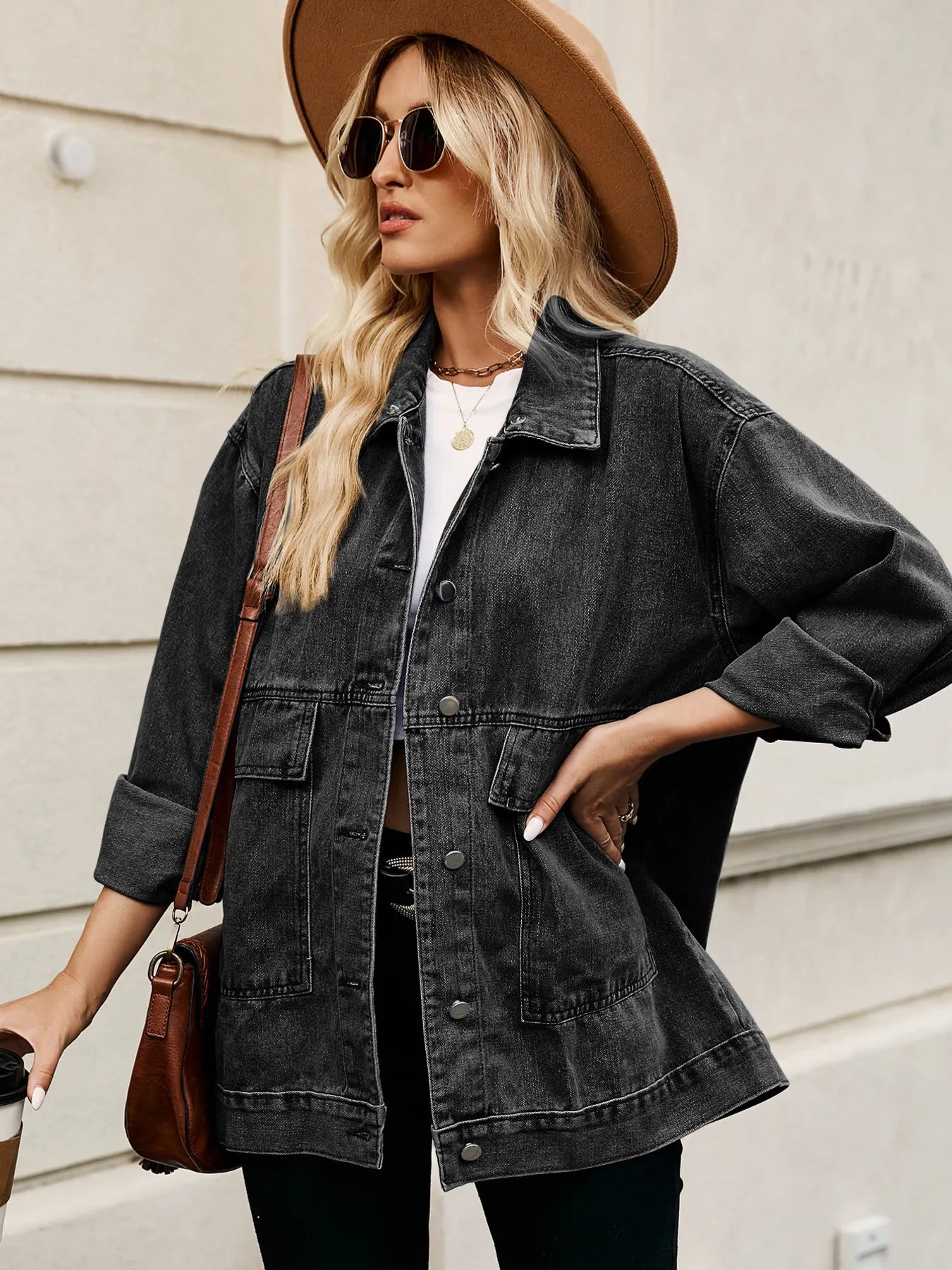 Oversized Button Up Denim Jacket with Hood 