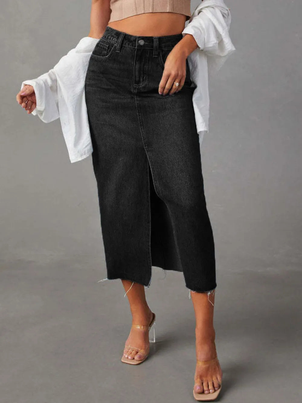 Raw Hem Front Slit Denim Midi Skirt 