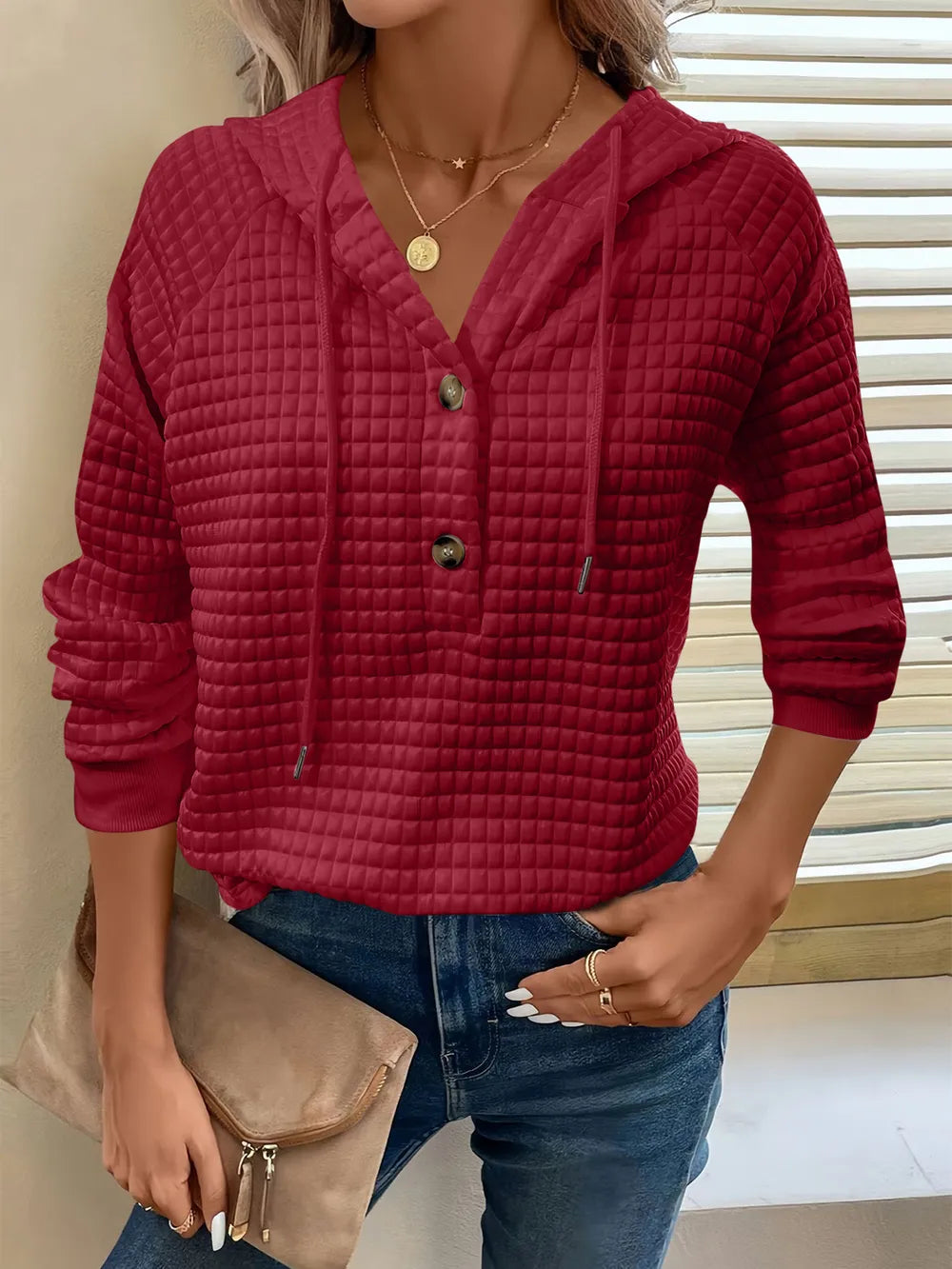 Full Size Texture Button Detail Drawstring Long Sleeve Hoodie 