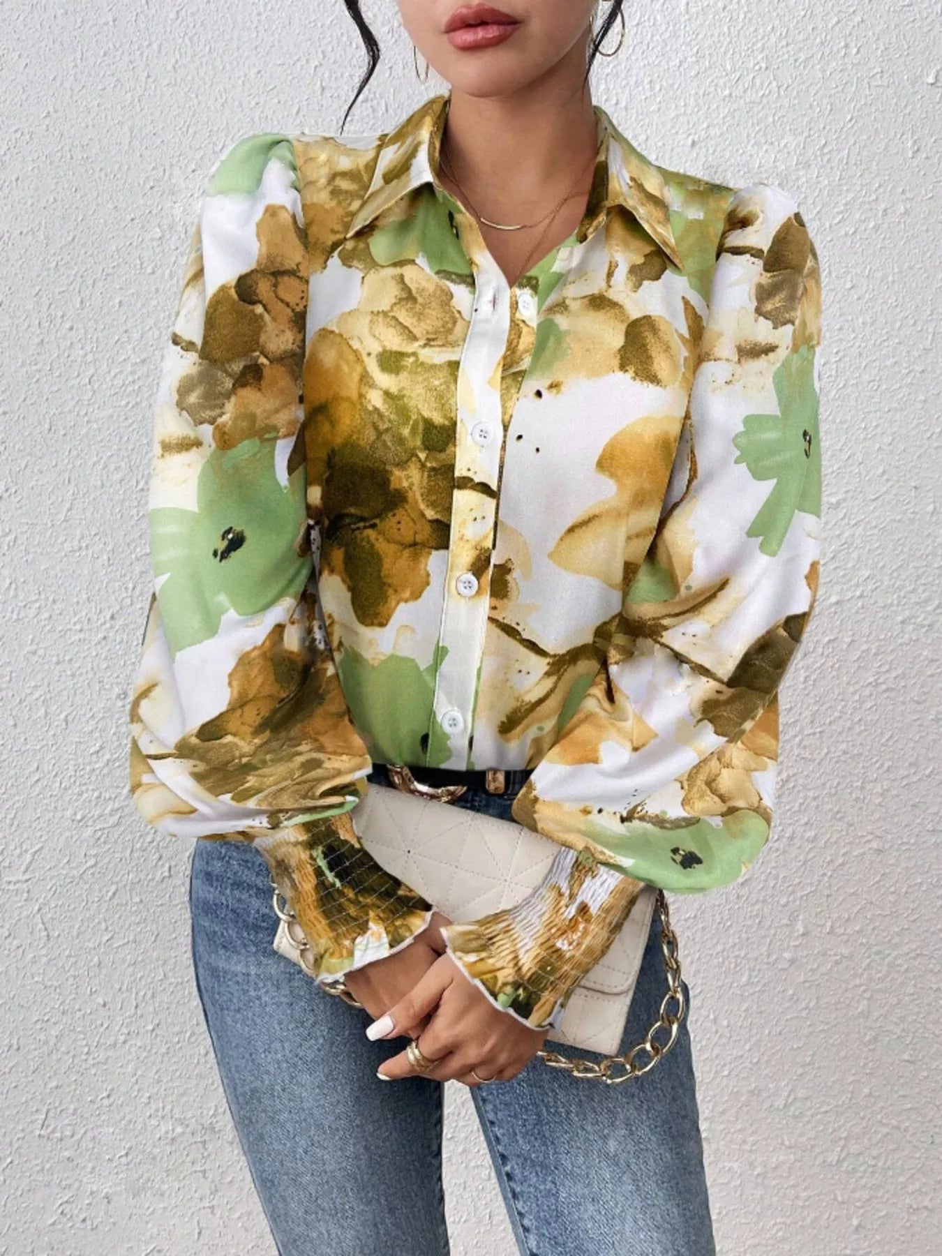 Printed Button Up Lantern Sleeve Shirt 