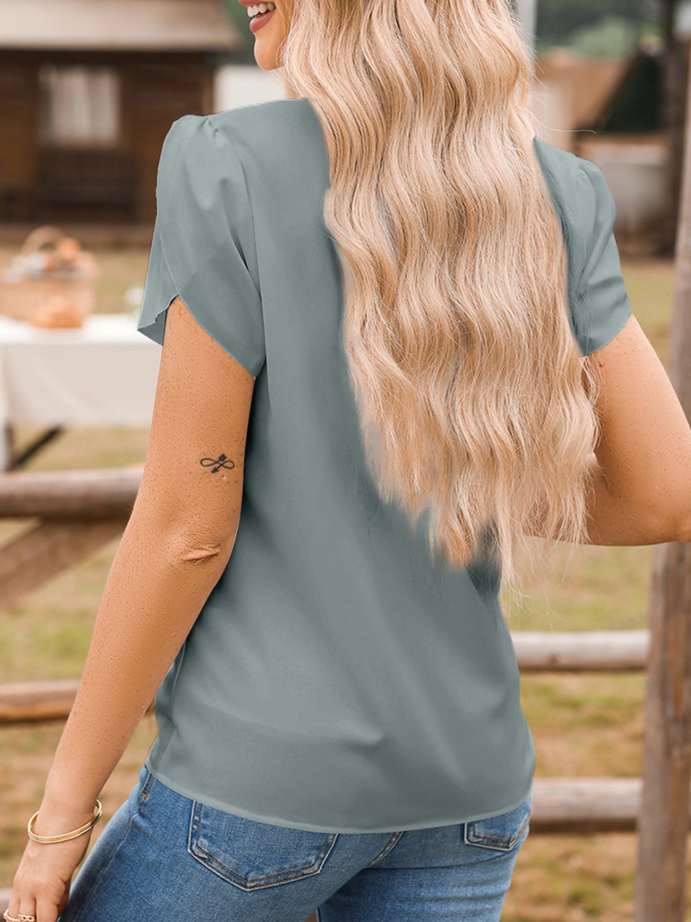 Notched Neckline Petal Sleeve Blouse 