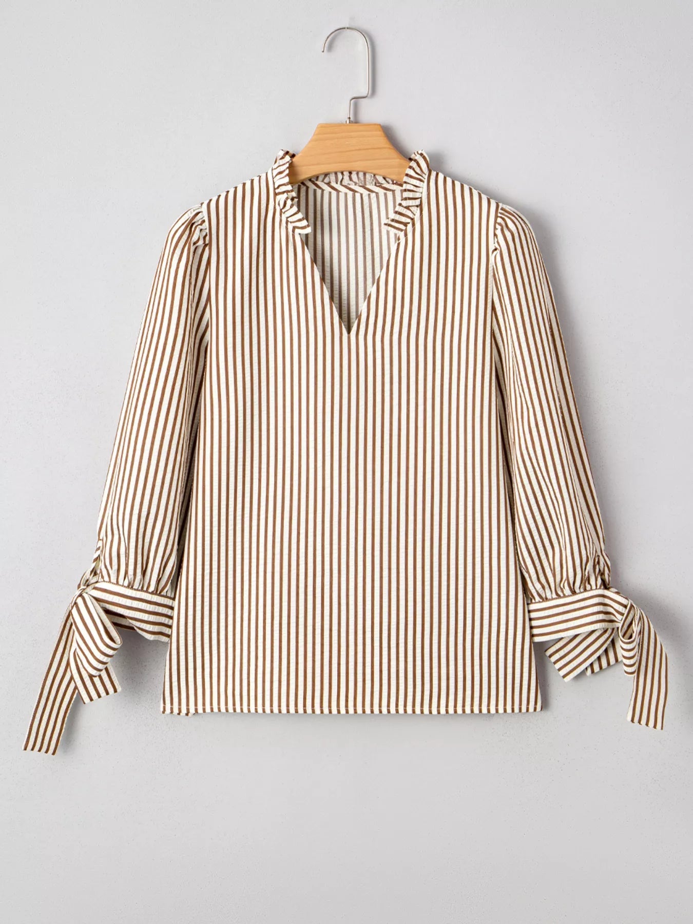Striped Ruffled Neck Blouse with Tie Sleeves 