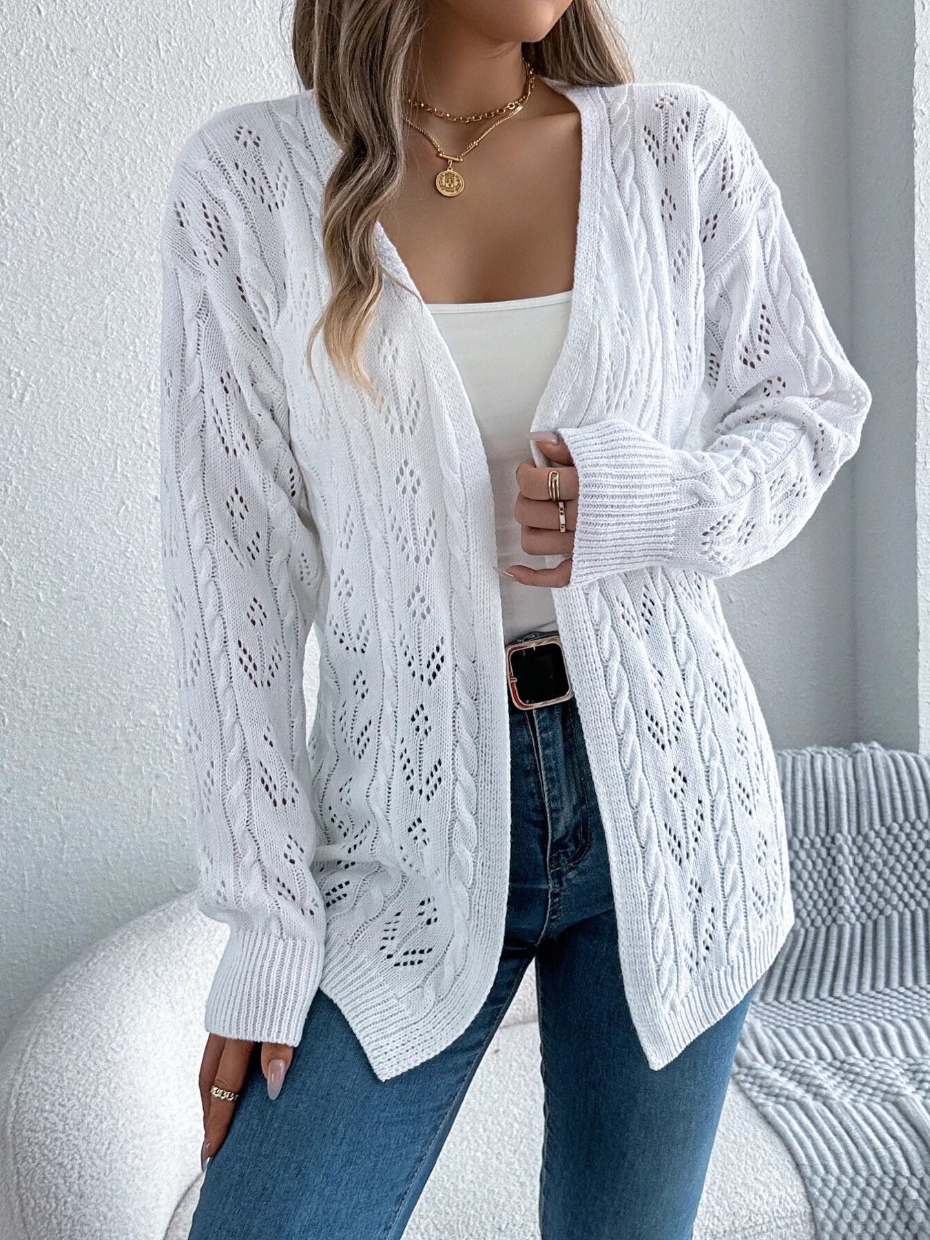 Openwork Open Front Long Sleeve Cardigan 