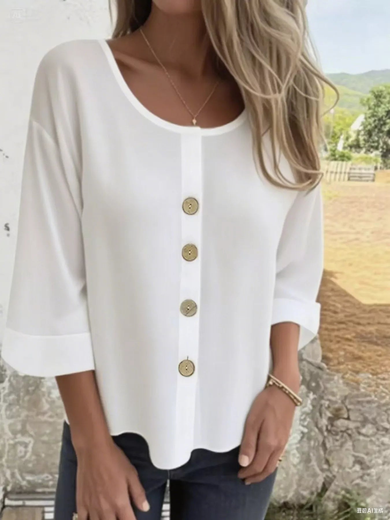 Full Size Button-Front 3/4 Sleeve Casual Blouse Plus Size 