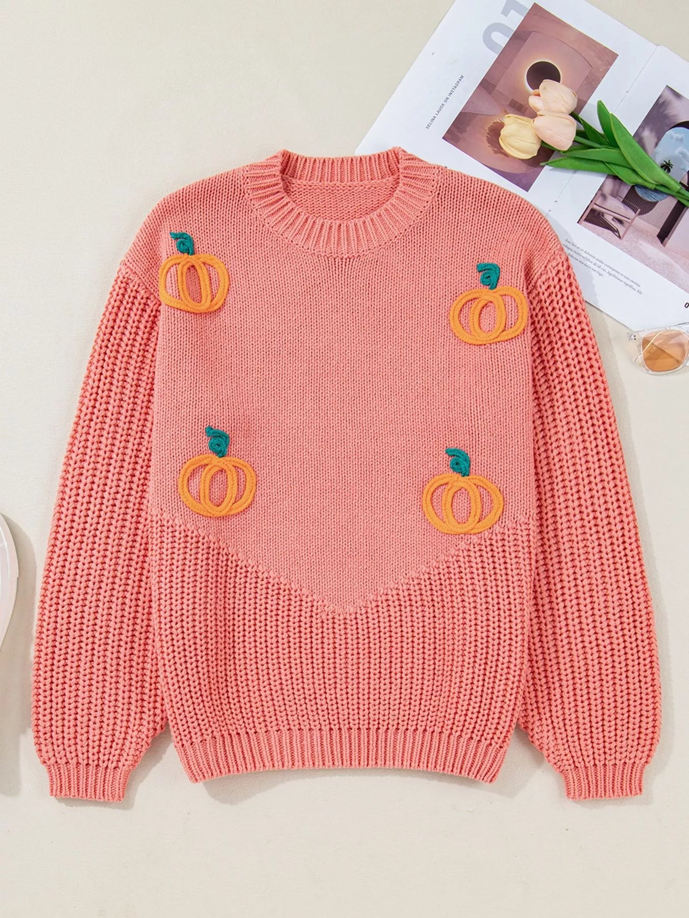 Pumpkin Embroidered Thanksgiving Holiday Sweater 