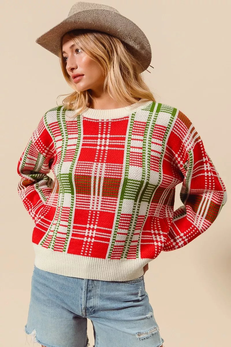 SO ME Christmas Color Checkered Plaid Crew Neck Sweater 
