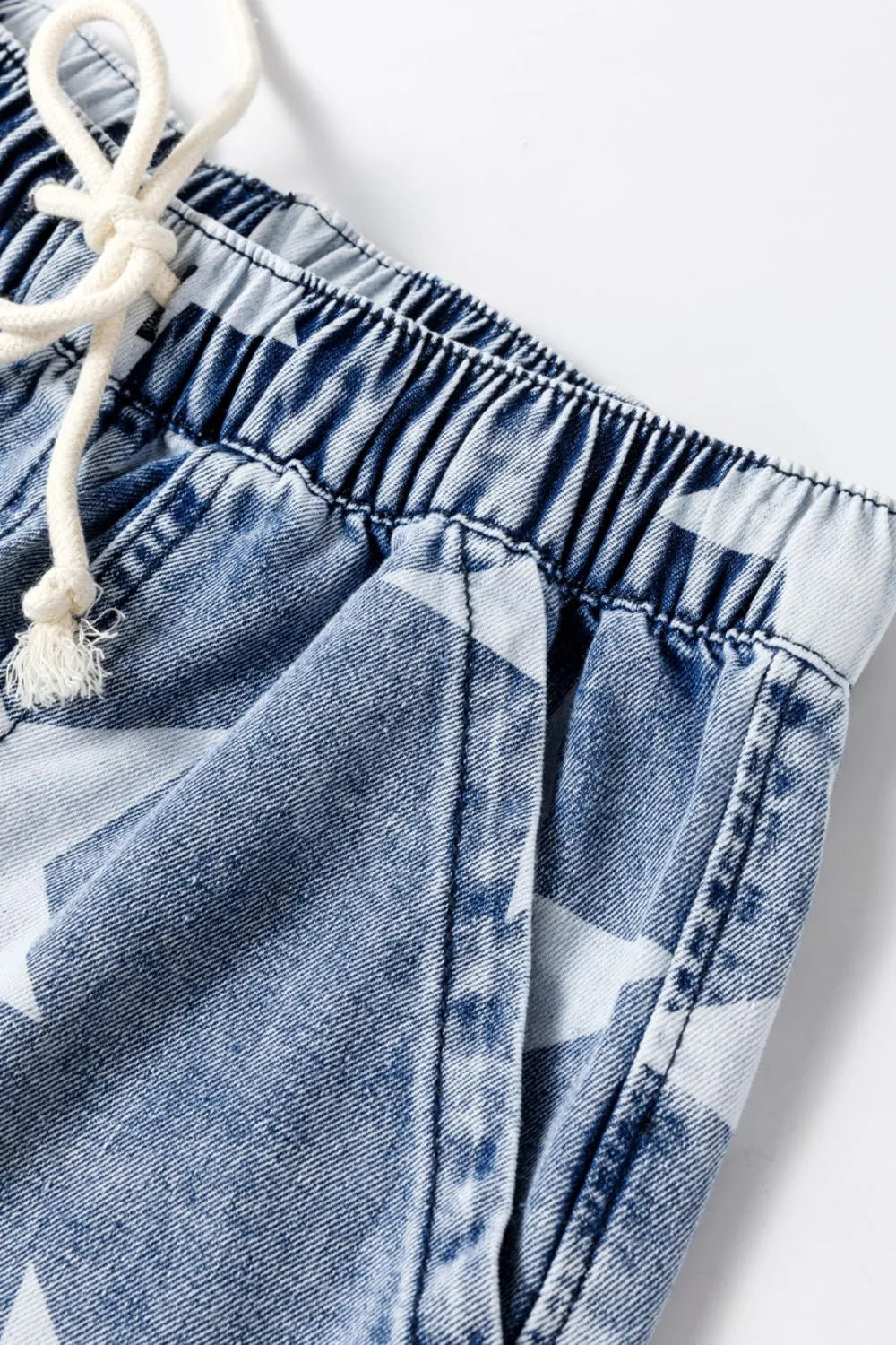 Star Print Washed Drawstring High Waist Wide Leg Jeans 