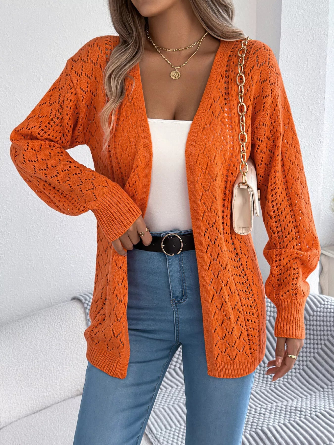 Openwork Open-Front Long Sleeve Cardigan 