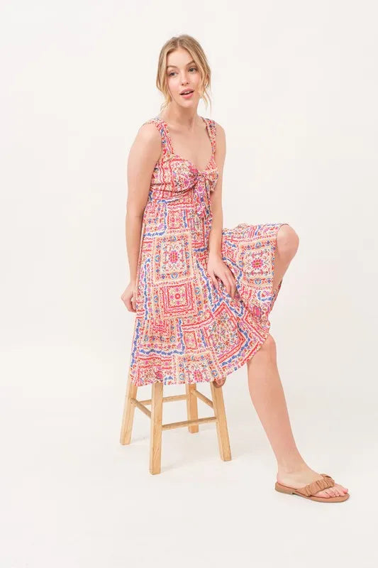 And The Why Tied Front Smocked Back Tiered Boho Printed Dress 
