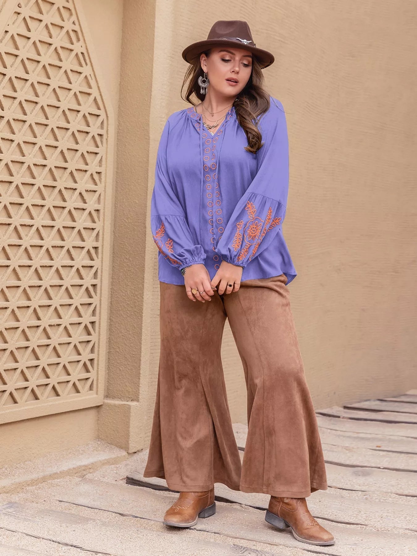 Plus Size Boho Embroidered Long Sleeve Blouse 