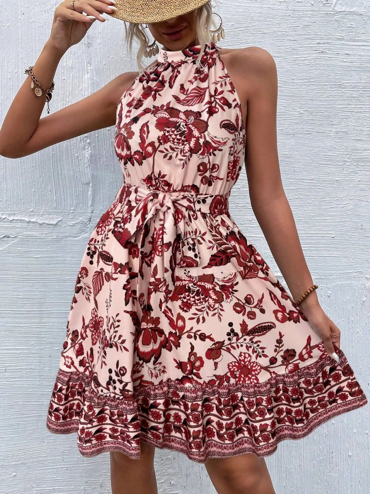 Floral Halter Neck Summer Dress with Belt 