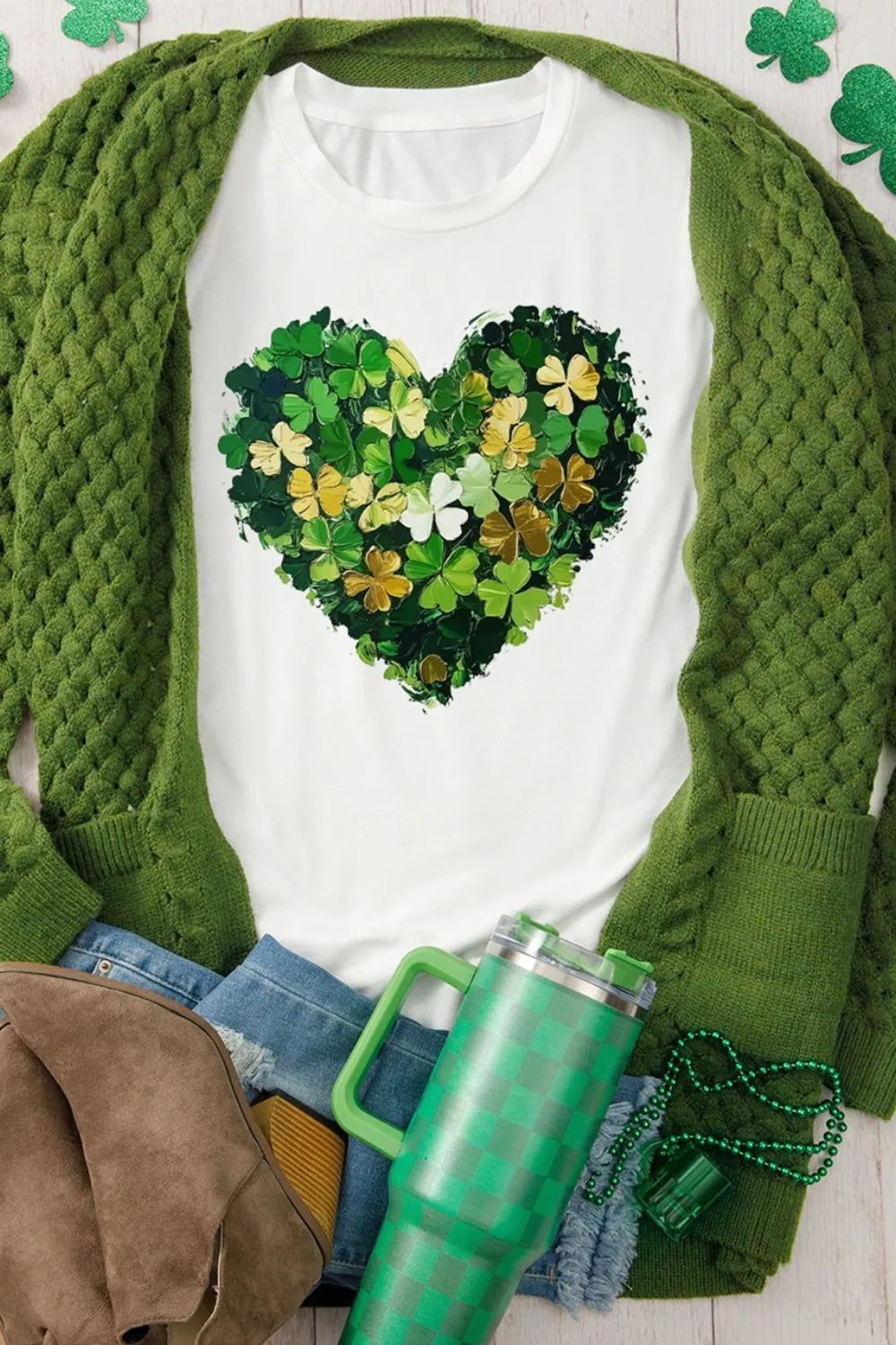 Clover Heart Round Neck Short Sleeve T-Shirt 