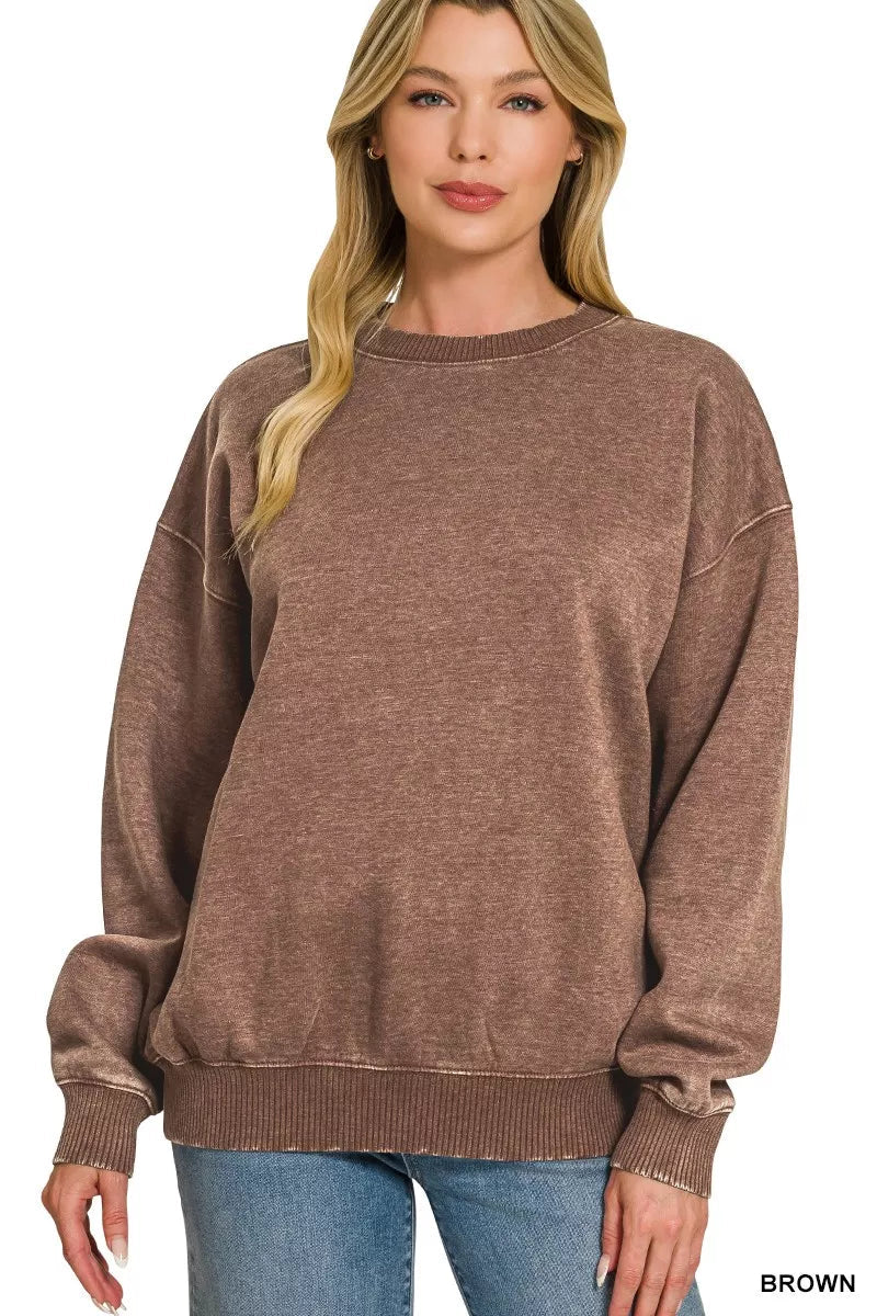 Zenana Fleece Acid Enzyme Washed Round Neck Sweatshirts 