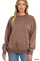 Zenana Fleece Acid Enzyme Washed Round Neck Sweatshirts 