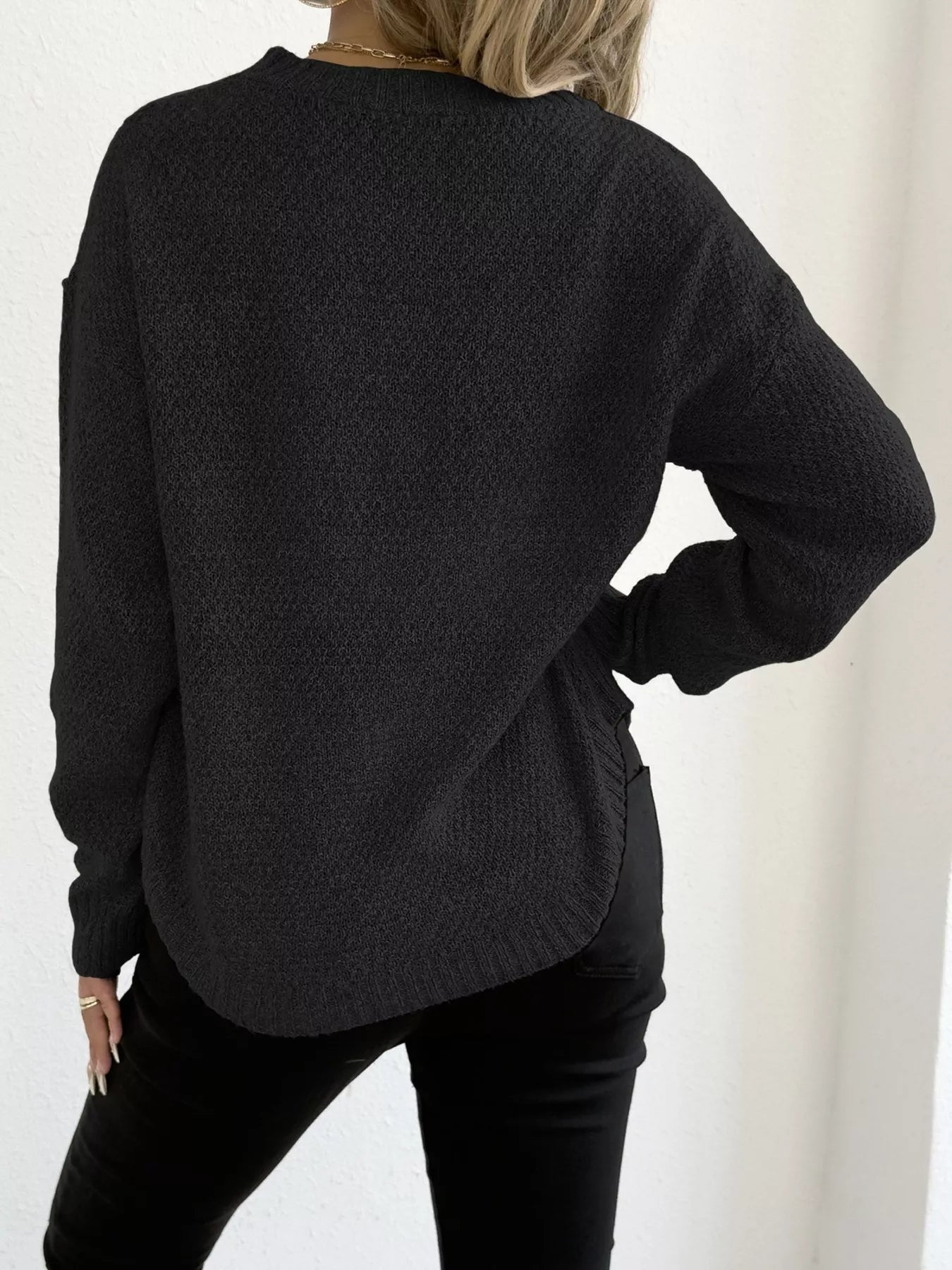 Textured Knit Relaxed Fit Round Neck Sweater 