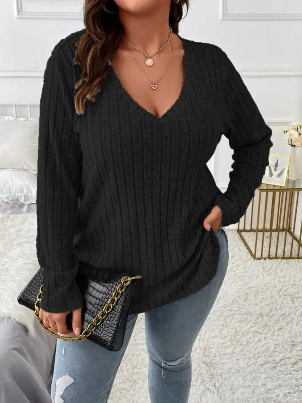 Plus Size V-Neck Long Sleeve T-Shirt 
