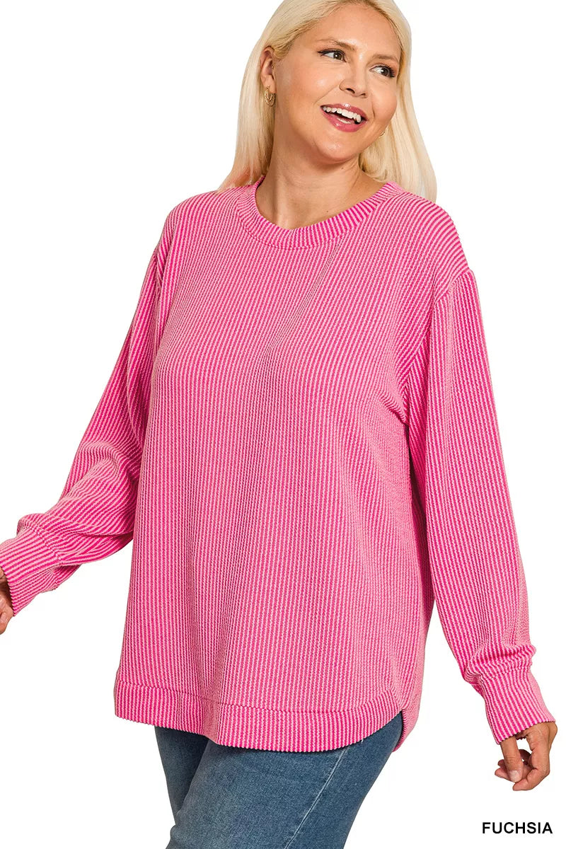 Zenana Full Size Raised Rib Round Neck Long Sleeve Top Plus Size 