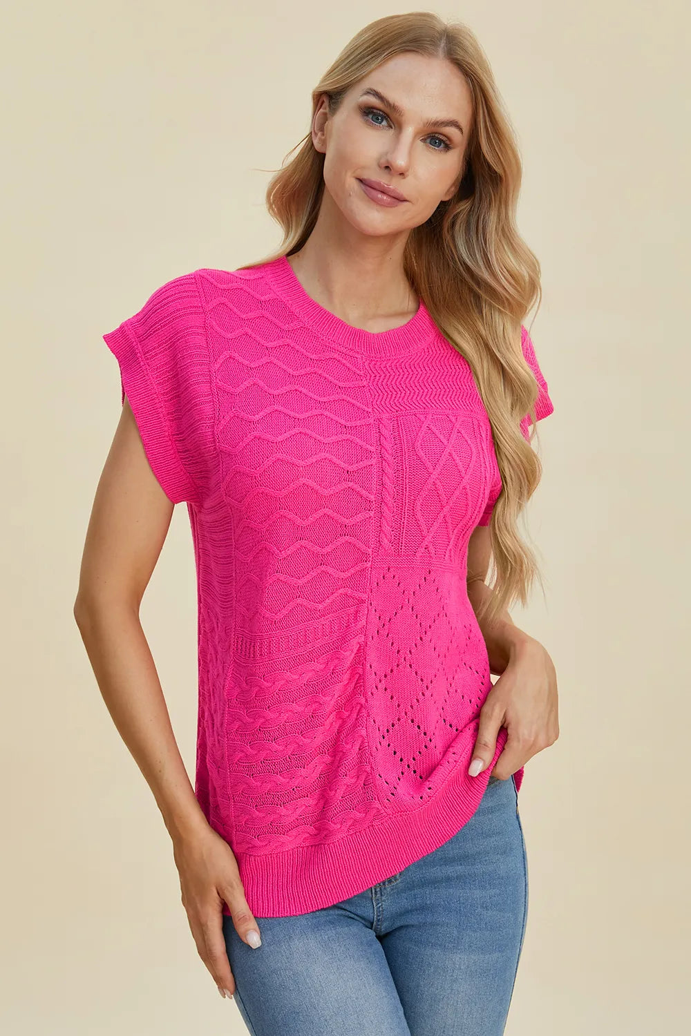 Double Take Full Size Cable-Knit Round Neck Cap Sleeve Sweater 