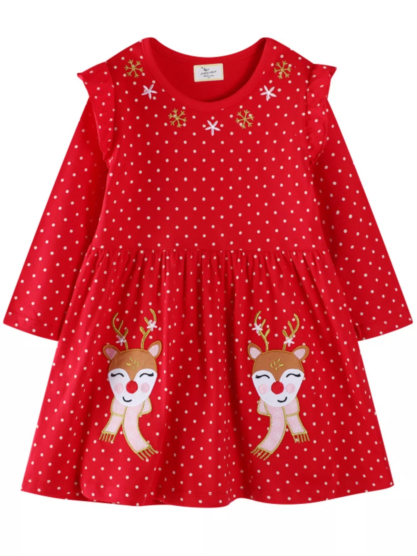 Children's Christmas Reindeer Polka Dot Long Sleeve Dress 