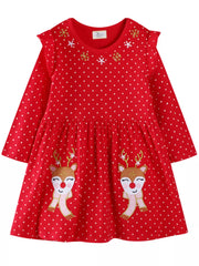 Children's Christmas Reindeer Polka Dot Long Sleeve Dress 