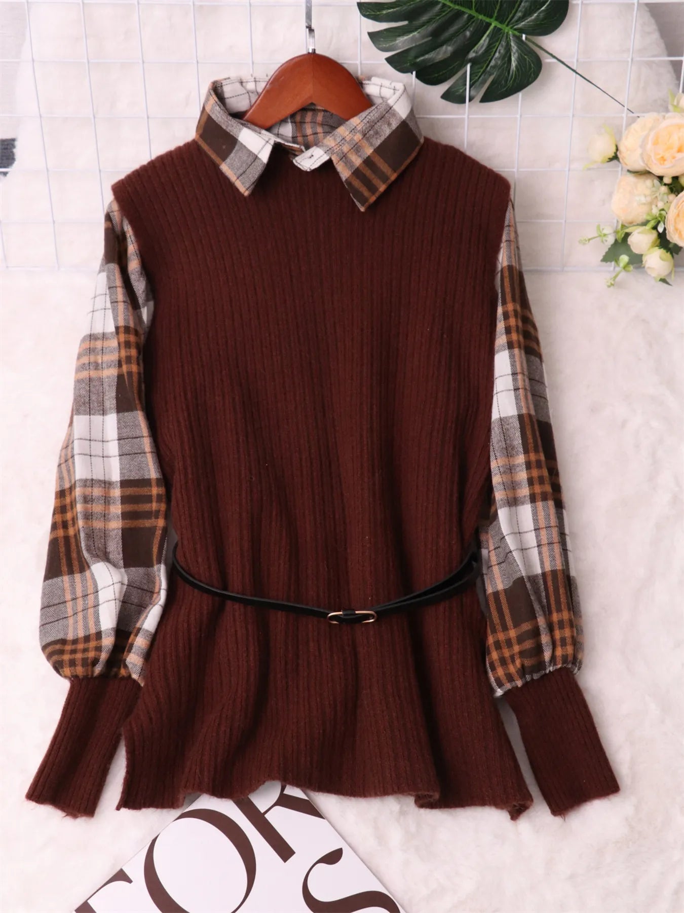 Plaid Long Sleeve Sweater Dress 