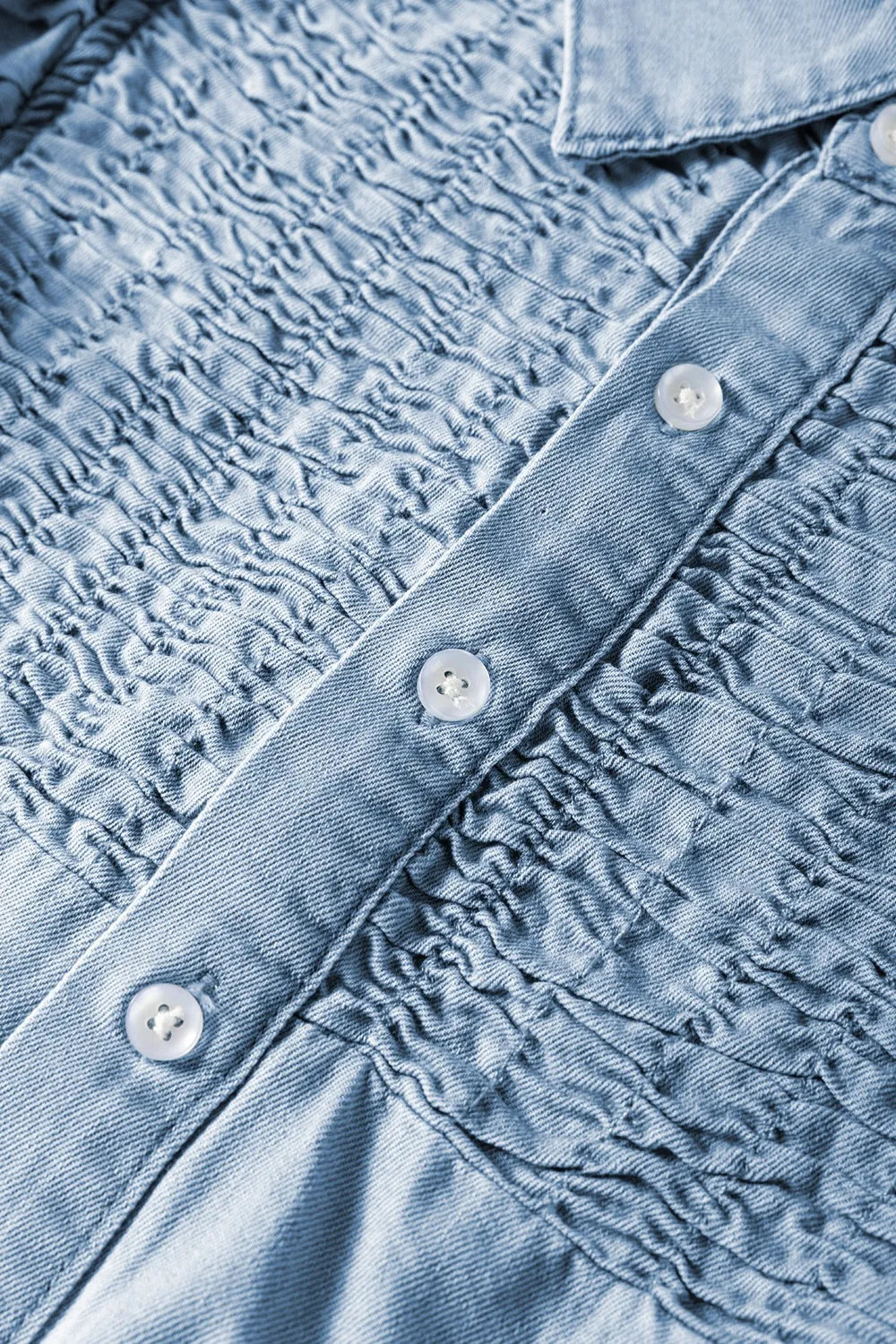 Smocked Collared Neck Cap Sleeve Denim Dress 