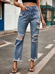Distressed Raw Hem Jeans with Pockets 