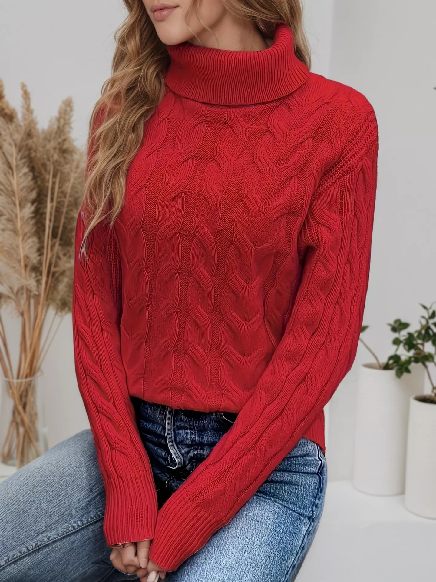 Cable Knit Turtleneck Long Sleeve Sweater 