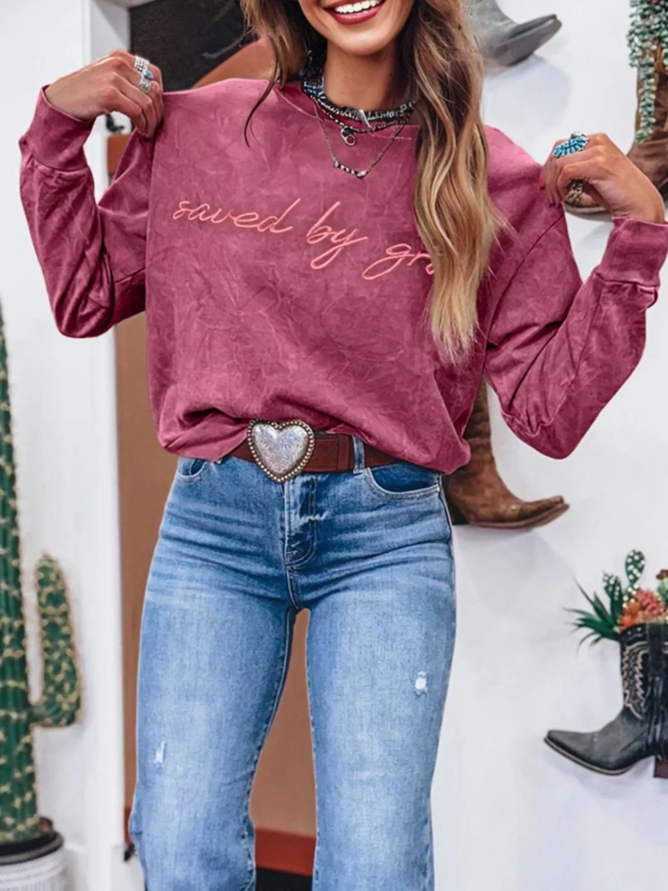 Saved By Grace Letter Embroidery Mineral Wash Loose Sweatshirt 