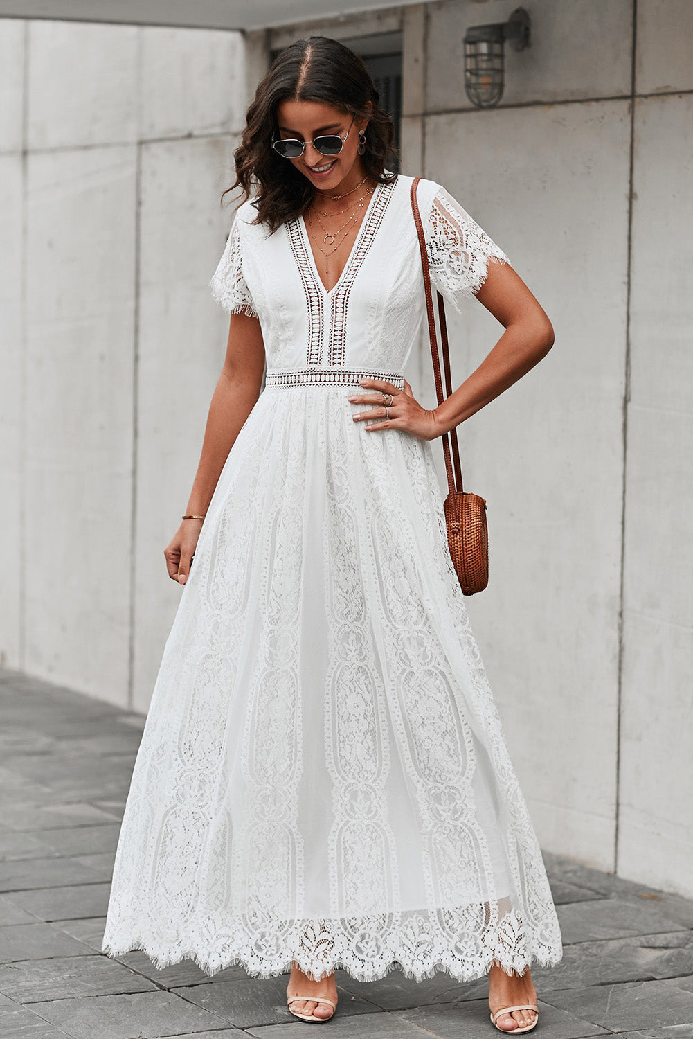 Scalloped Trim Lace Plunge Dress 