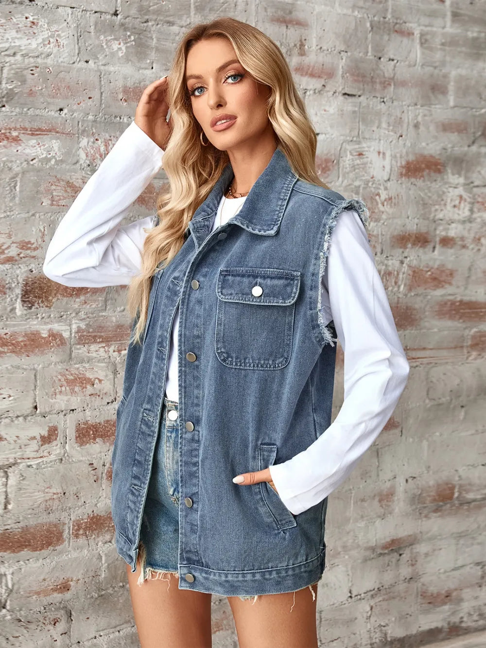 Raw Hem Sleeveless Button Up Denim Jacket 