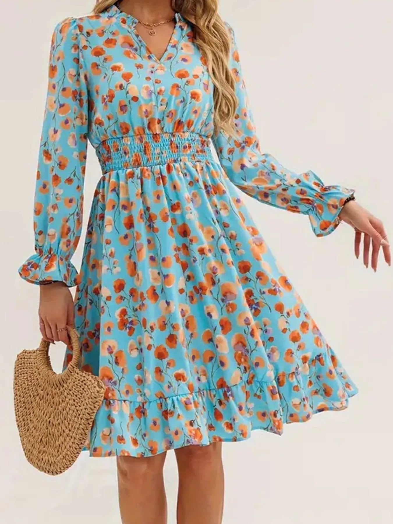 Floral Print Flounce Sleeve Ruffle Hem Dress 